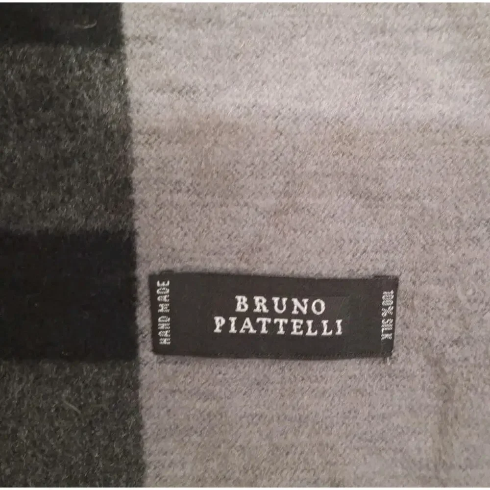 Men's BRUNO PIATTELLI 100% Silk Gray-Black- Blue Geometric Blocks Scarf W/Fringe